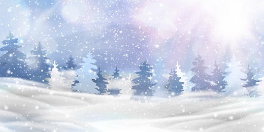 day in beautiful christmas, snowy woodland landscape with snow covered firs, coniferous forest, falling snow, snowflakes for winter and new year holidays. christmas winter background glitter vector.