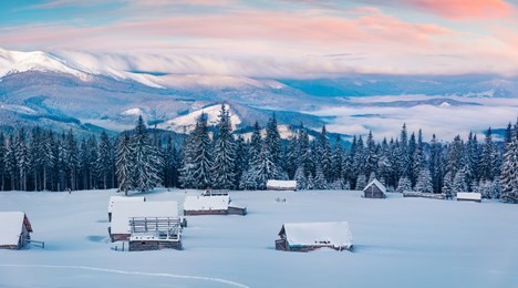 spectacular winter sunrise in carpathian mountains with snow covered fir trees. dreamy outdoor panorama, happy new year celebration concept. 