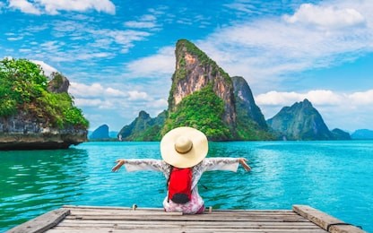 traveler woman joy fun relaxing on wood bridge looking beautiful destination island, phang-nga bay, travel adventure thailand, tourism natural scenic landscape asia, tourist on summer holiday vacation