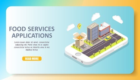 food services applications web banner, template. vector isometric smartphone with car going down city street with buildings and takeaway food with map marker on screen, copy space, read more button.