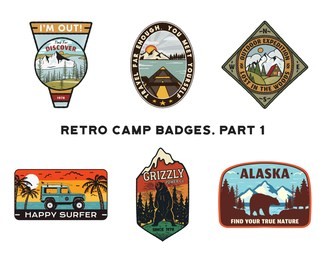 set of retro wanderlust logos emblems. vintage hand drawn travel badges. different camp, forest activities scenes . included custom adventure quotes. stock vector hike insignias isolated on white.