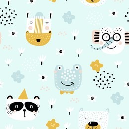 childish seamless pattern with hand drawn animals. trendy scandinavian vector background. vector texture in childish style great for fabric and textile, wallpapers, backgrounds.
