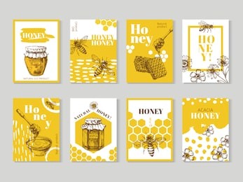 hand drawn honey posters. natural honey packaging with bee, honeycomb and hive vector design. illustration of honey and honeycomb, food sweet posters of set
