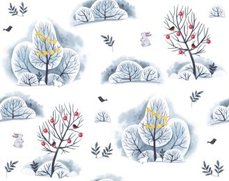 watercolor pattern, trees and bushes in the snow with hares and bullfinches on a white background.