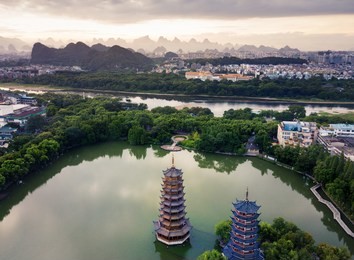 aerial view of guilin park with twin pagodas in guangxi, china