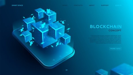 abstract background with blockchain concept. 3d abstract digital blocks or cubes constructs database. technology banner with realistic blocks on the smart phone. vector illustration.