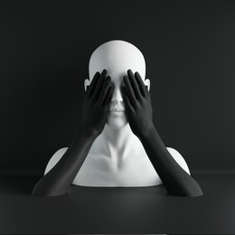 3d render, white female mannequin head, eyes closed by hands, blind concept, fashion concept, isolated object, black background, shop display, body parts, pastel colors