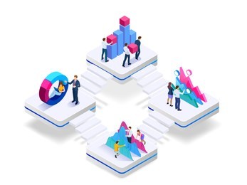 isometric concept of business teams meeting working with new startup project, analysis data the charts and graphs, discussion. consulting for company performance, analysis, accounting