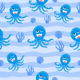 vector seamless pattern with adorable octopus characters. background cute octopus blue colors.