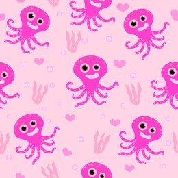vector seamless pattern with adorable octopus characters. background cute octopus pink colors.