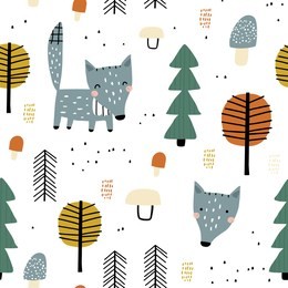 semless woodland pattern with wolf and trees. vector illustration. scandinavian style. creative hand drawn background