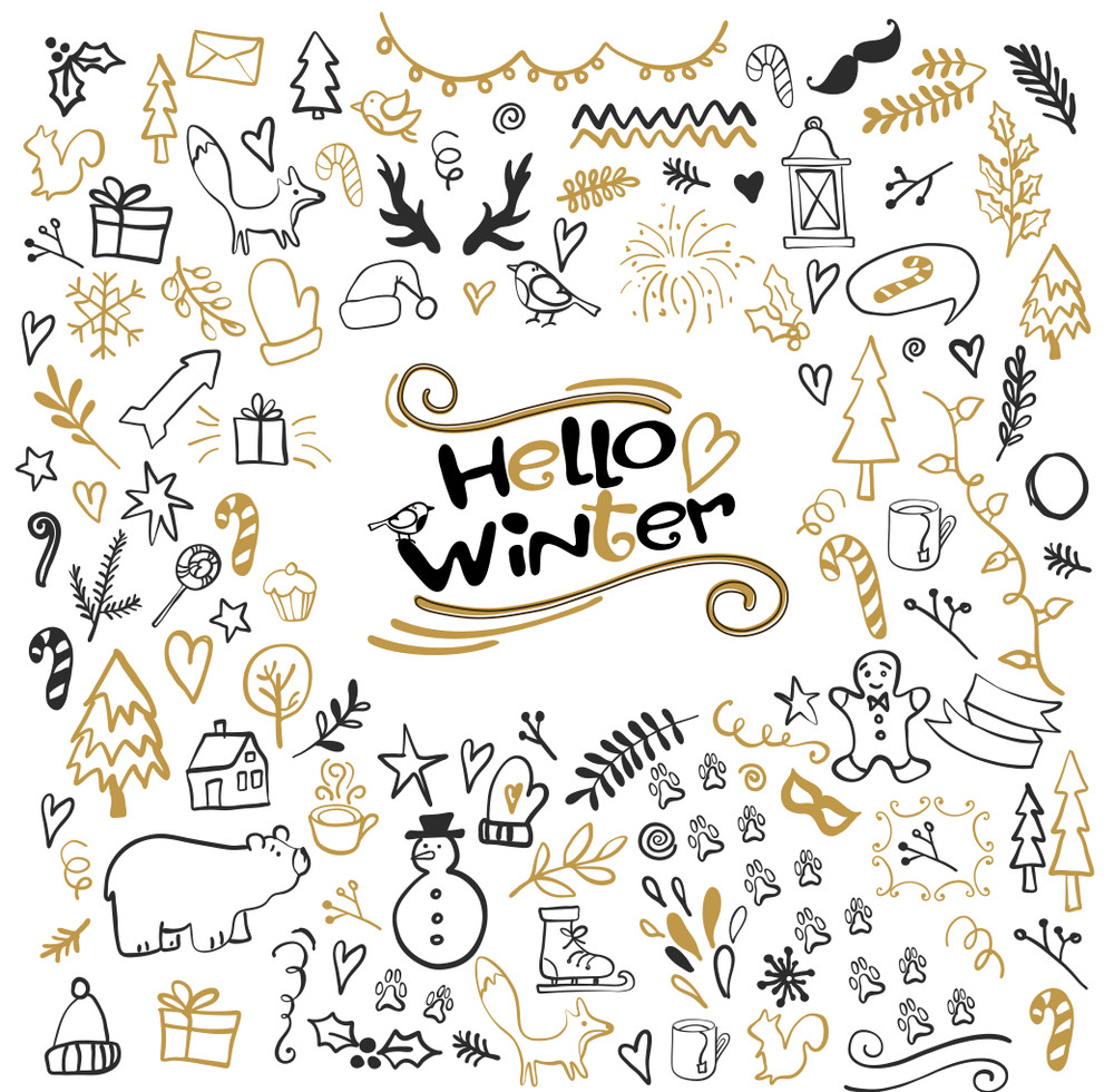 hello winter text. vector card design with custom calligraphy. winter season cards, greetings for social media.hello winter black handwritten inscription. 