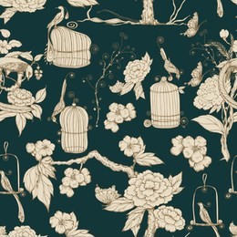 seamless pattern in chinoiserie style. vector hand drawing illustration. chinese  wallpaper. green background.