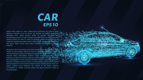 car illustration transforming into small pieces. particles fly off from the car in the form of turbulence.