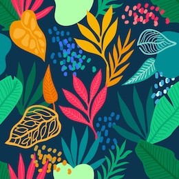 colorful tropical rainforest. seamless vector pattern with palm leaves and other plants. aloha textile collection. on dark background.