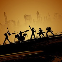 illustration of band of musician performing on cityscape backdrop