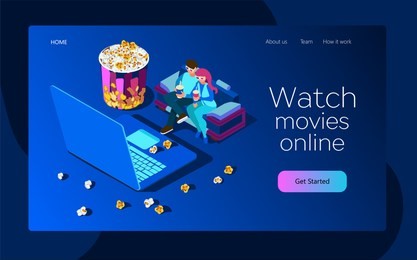 watch the movie online with a laptop. young people are watching film and sitting on the couch.  bright youth illustration of a home cinema. isometric 3d flat illustration