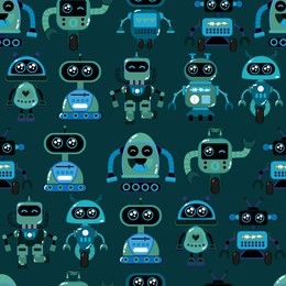 a cute, small, friendly blue with a red robot, with antennas and wires, kind vintage eyes and comic style inscriptions. abstract seamless robot pattern for girls or boys. creative robot vector pattern