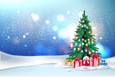 vector christmas tree with christmas lights garland and present boxes under. new year holiday poster, banner background with ground with snowcaps, snowdrift snowfall night star sky blurred background.