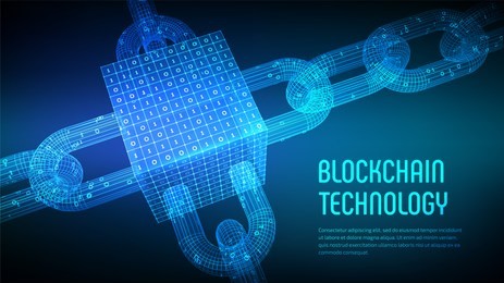block chain. crypto currency. blockchain concept. 3d wireframe chain and isometric digital block with digital code. editable cryptocurrency template. stock vector illustration.