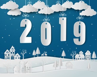 happy new year 2019 with snow urban countryside in winter season,paper art and craft design