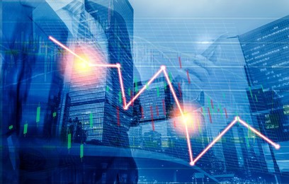 businessman and hong kong city view with index chart on background. double exposure