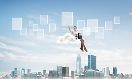 businesswoman sit on cloud over city and pointing at icon in air