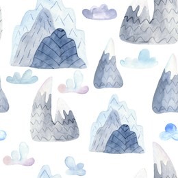 watercolor seamless pattern with cute cartoon mountains and clouds. illustration of a mountain landscape for wallpaper, scrapbook, cards, invitations, fabrics, childish design.