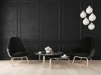 modern classic interior with armchairs, lamp, table, wall panels and wooden floor. 3d render illustration mock up.