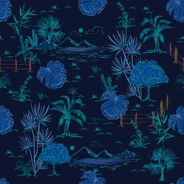 hand drawing sketch line scenery or lanscape  in seamless pattern vector design for fashion fabric ,wallpaper and all prints on dark navy blue background
