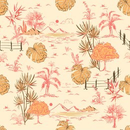 vintage hand drawing sketch line summer scenery or lanscape in seamless pattern vector design for fashion fabric ,wallpaper and all prints on retro pink  background color