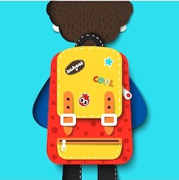 vector illustration of cute boy going to school. paper cut cartoon kid carries cool backpack with patches, modern origami style design. creative paper art, education concept