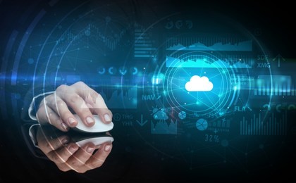 hand using wireless mouse with cloud technology concept and dark background