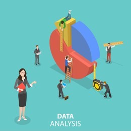 flat isometric concept of business statistics and analytics, audit report, company performance analysis.