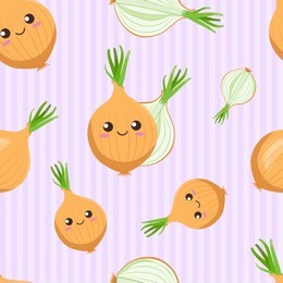 cute kawaii bulbs of onions with smiling faces, eyes and green arrows of onion, whole and sliced, on purple background, seamless vector pattern