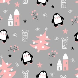 seamless pattern of drawings of houses, snowmen, penguins and christmas tree branches, for the winter holidays