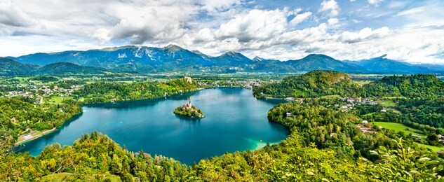 panoramic view of lake bled with the island. unesco world heritage in slovenia