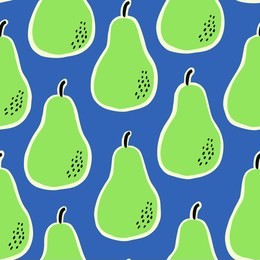 hand drawn seamless pattern with pears in green, black and cream on blue background.