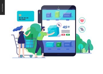 business series, color 3 - buy online shop - modern flat vector illustration concept of man and woman shopping online website interaction and purchasing process. creative landing page design template