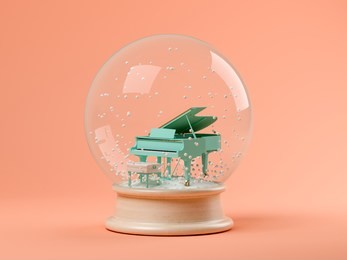 snow globe with piano on a pink background 3d illustration