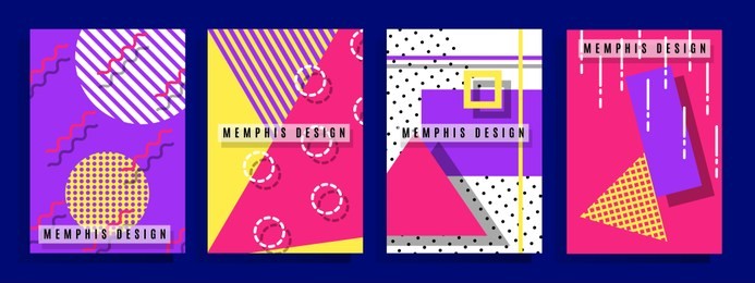 set of neo memphis style covers. collection of cool bright covers. abstract shapes compositions. vector.