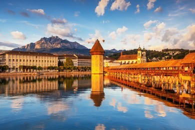 beautiful historic city center of lucerne with famous chapel bridge and lake lucerne (vierwaldstattersee), canton of lucerne, switzerland
