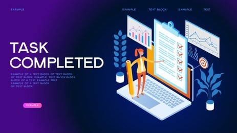 business woman with a giant pencil nearby marked checklist on a clipboard paper. successful completion of business tasks. page template. 3d isometric illustration