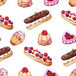 various french sweets seamless pattern, eclairs, macarons, madeleine, hand drawn illustration on white background