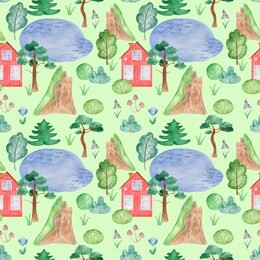 watercolor seamless pattern with house, hill, lake, trees. texture for weaving, textiles, scrapbooking, cards, wallpaper, children's design.