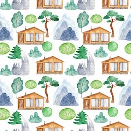 watercolor seamless pattern with house, mountains, trees. texture with a cute home chalet for weaving, textiles, scrapbooking, cards, wallpaper, children's design.
