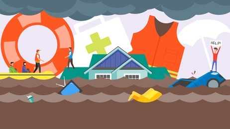 flood disaster rescue concept. water flooding in city street. rescue boat team helping people. human with help me banner on house roof. flat design vector illustration.