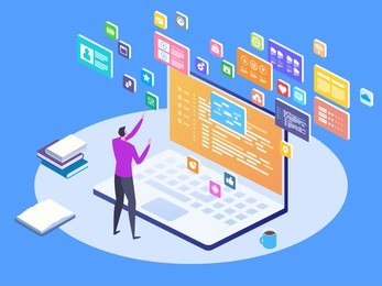 developing programming and coding technologies concept. isometric programmer working in a software develop company office. ux ui user interface and user experience process.