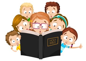 little children reading holy bible. cute girls and boys at christian camp. faithful children looking in big bible book. word of god knowledge. spirituality and religion education vector illustration