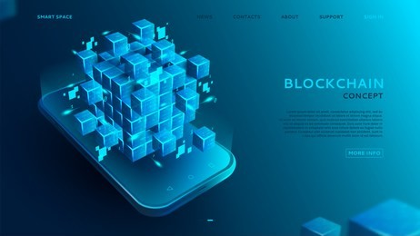 blockchain concept background. 3d abstract digital blocks or cubes constructs database. technology banner with realistic blocks on the smart phone. vector illustration.